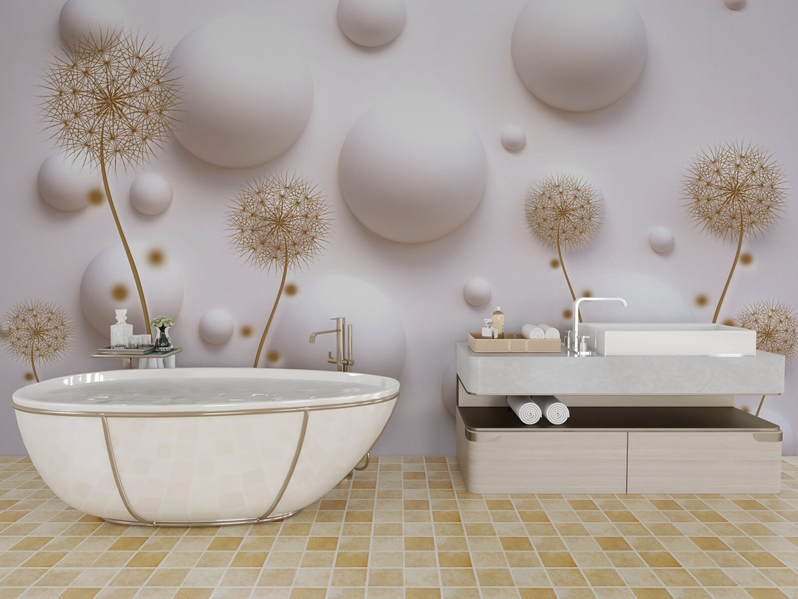 Fotobehang Sneeuwwitte ronde parels en gouden milleons