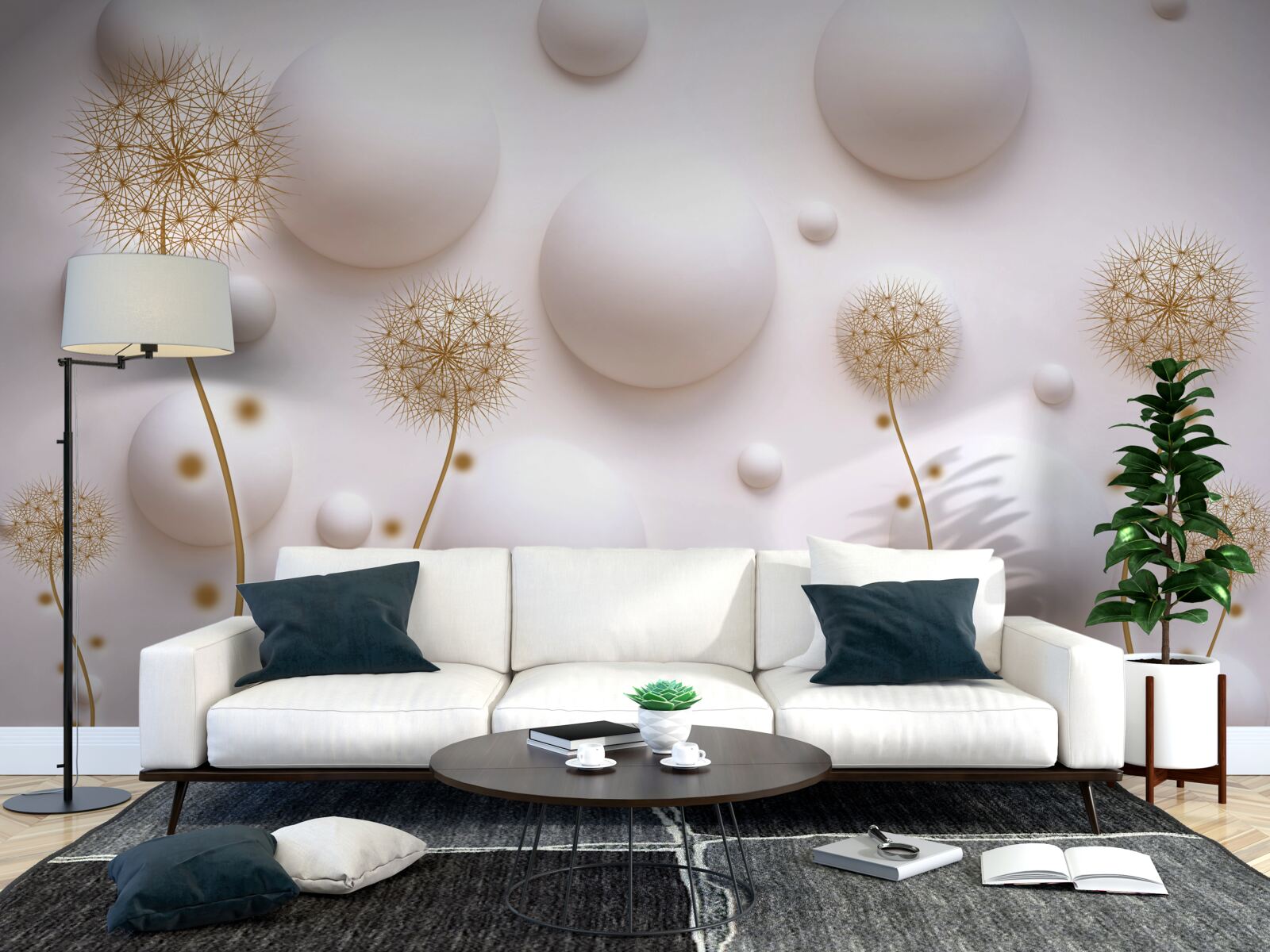 Fotobehang Sneeuwwitte ronde parels en gouden milleons