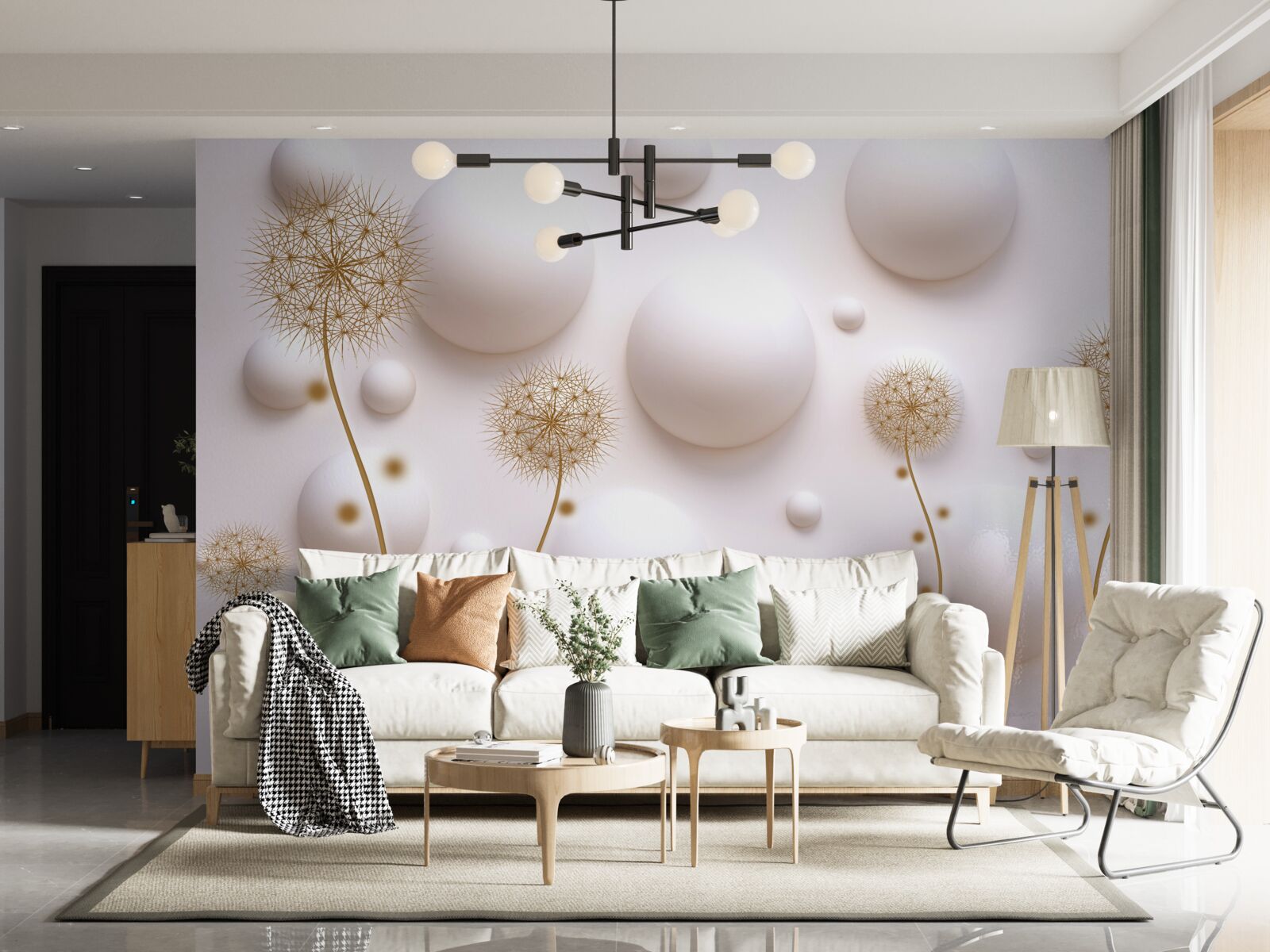 Fotobehang Sneeuwwitte ronde parels en gouden milleons