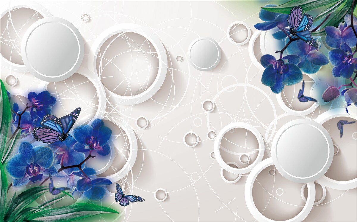 Fotobehang de geometrische achtergrond is versierd met blauwe orchideeëntakken