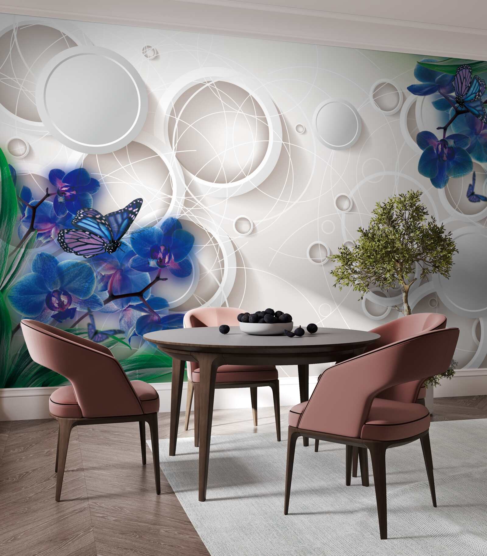 Fotobehang de geometrische achtergrond is versierd met blauwe orchideeëntakken