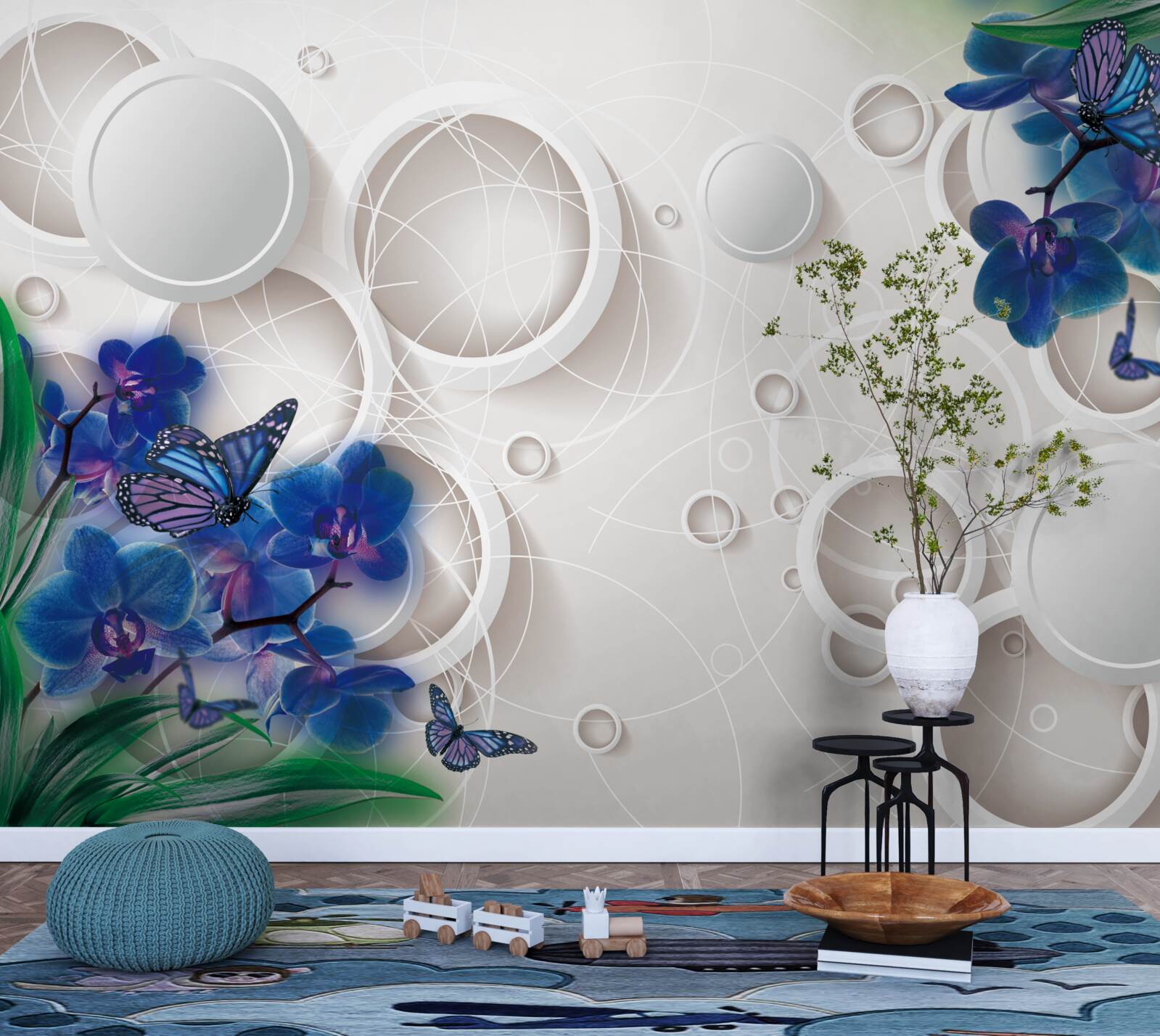 Fotobehang de geometrische achtergrond is versierd met blauwe orchideeëntakken