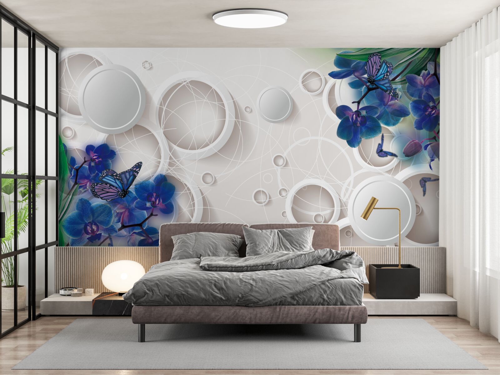 Fotobehang de geometrische achtergrond is versierd met blauwe orchideeëntakken