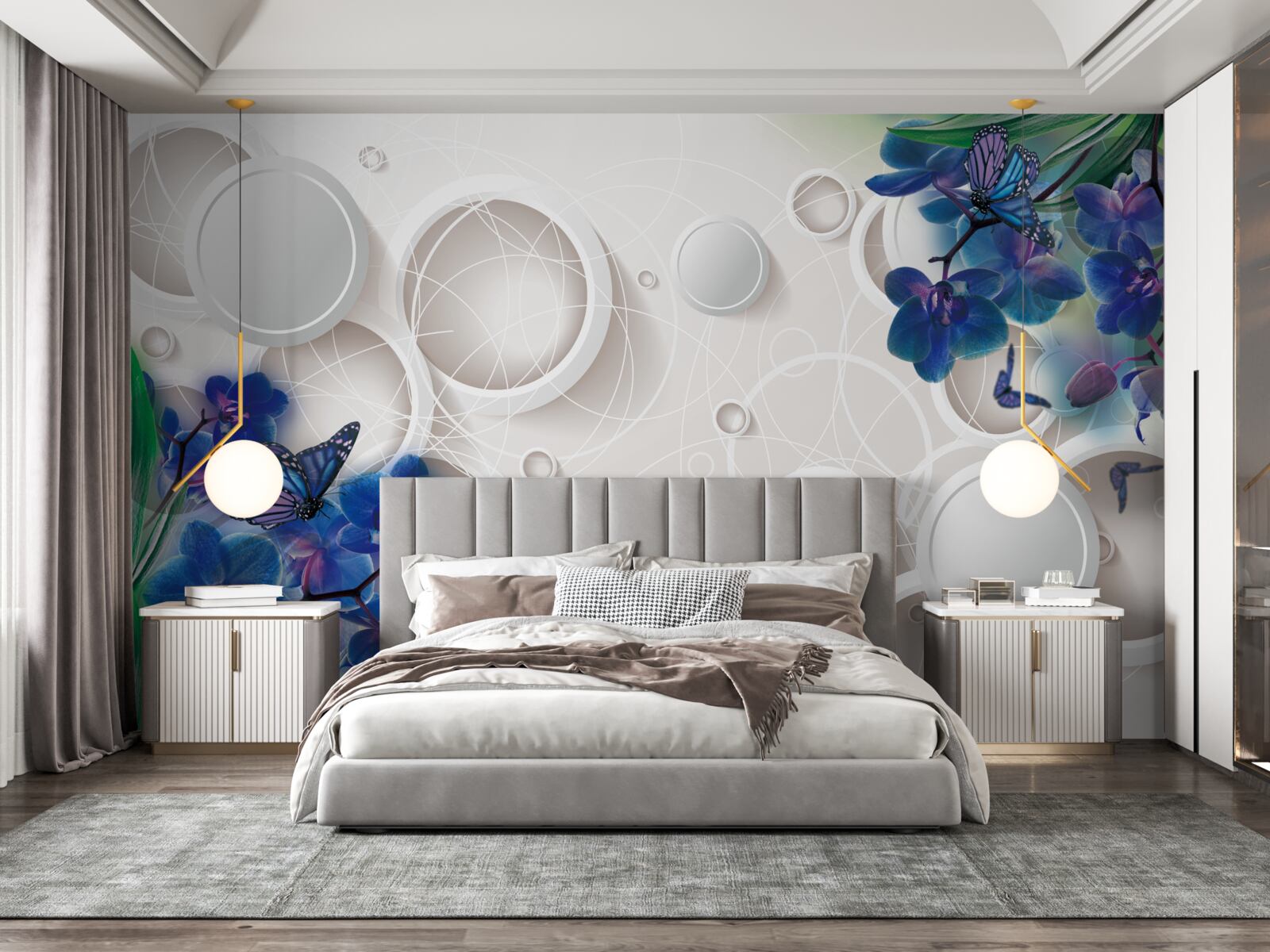 Fotobehang de geometrische achtergrond is versierd met blauwe orchideeëntakken