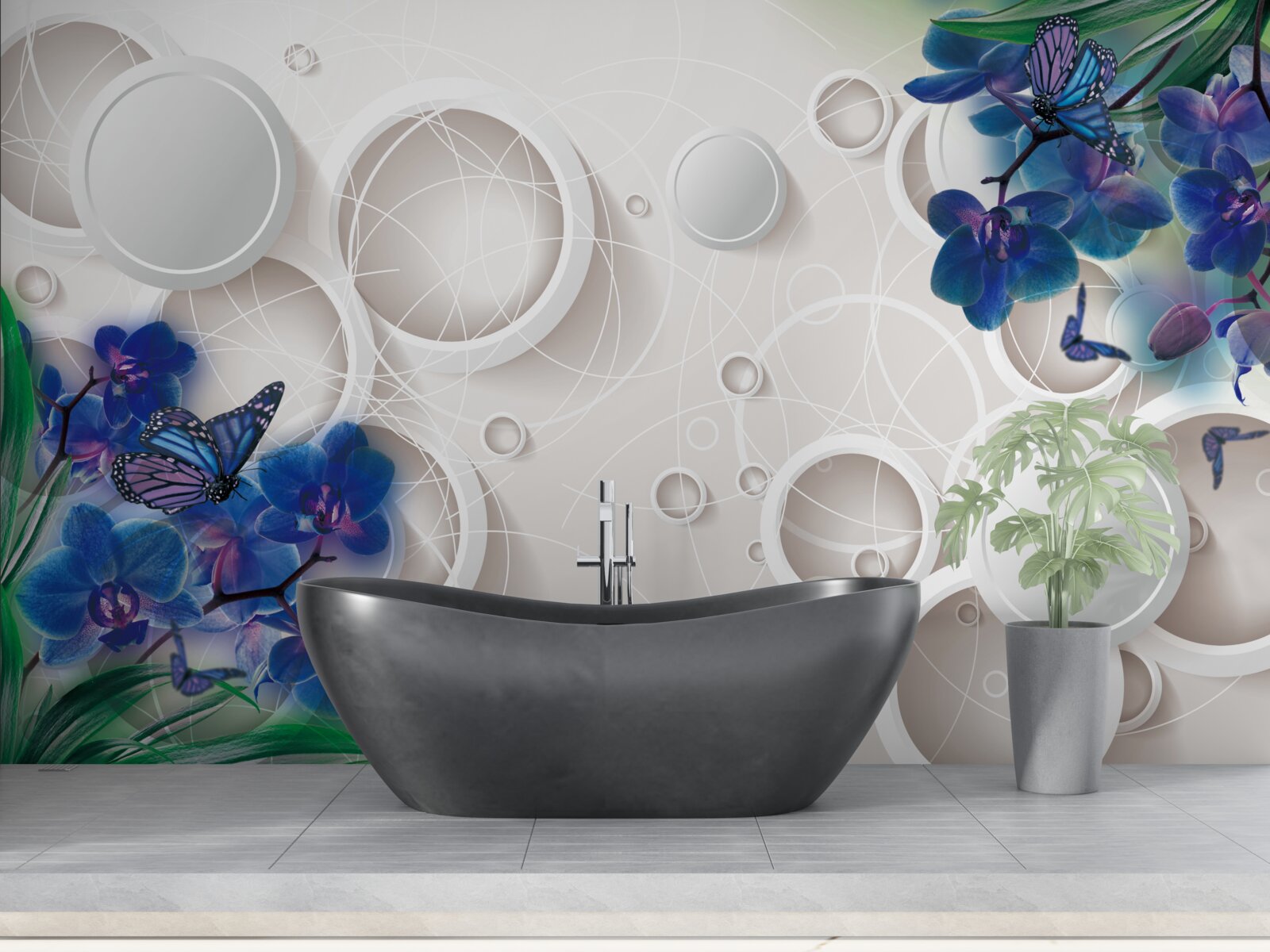 Fotobehang de geometrische achtergrond is versierd met blauwe orchideeëntakken