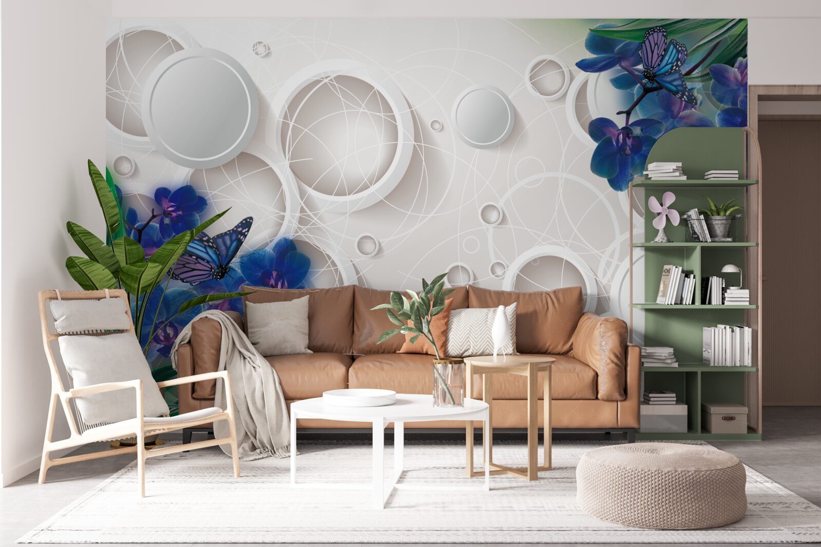 Fotobehang de geometrische achtergrond is versierd met blauwe orchideeëntakken