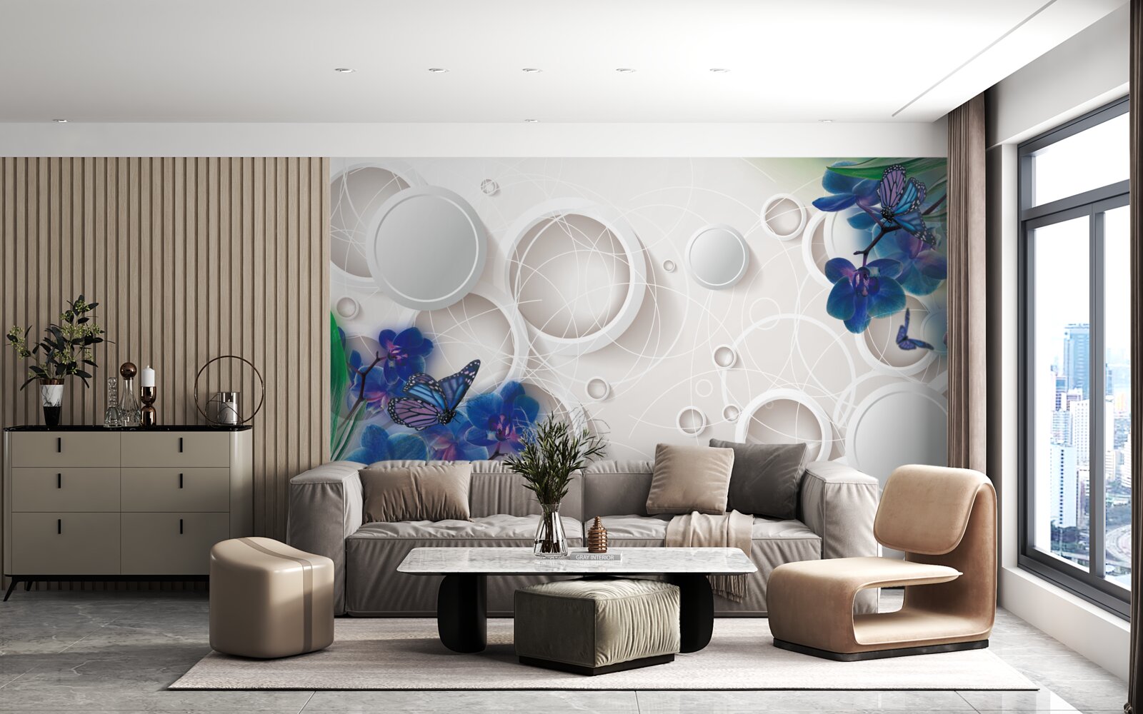 Fotobehang de geometrische achtergrond is versierd met blauwe orchideeëntakken