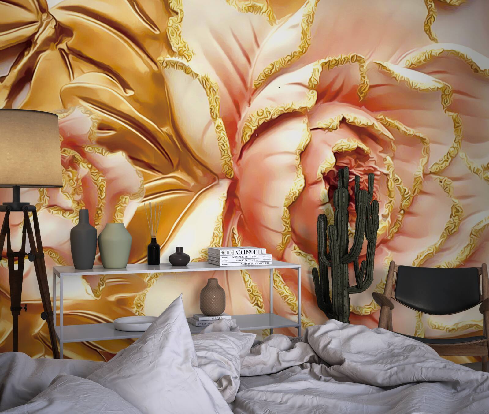 Fotobehang bloeiende pioenroos met gouden bladeren