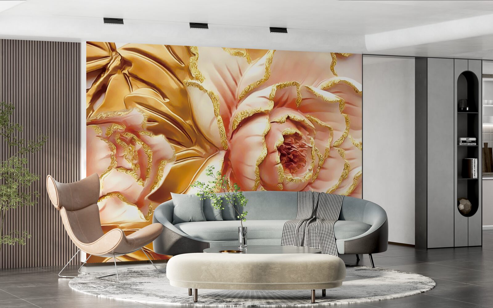 Fotobehang bloeiende pioenroos met gouden bladeren