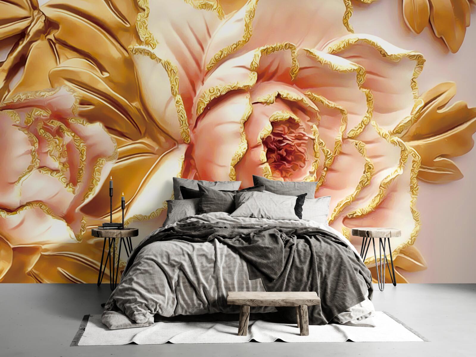 Fotobehang bloeiende pioenroos met gouden bladeren