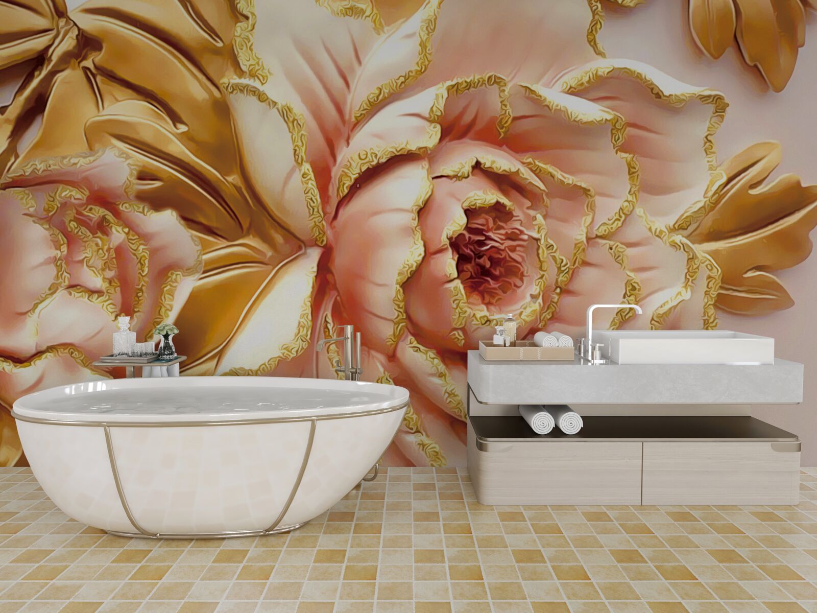 Fotobehang bloeiende pioenroos met gouden bladeren