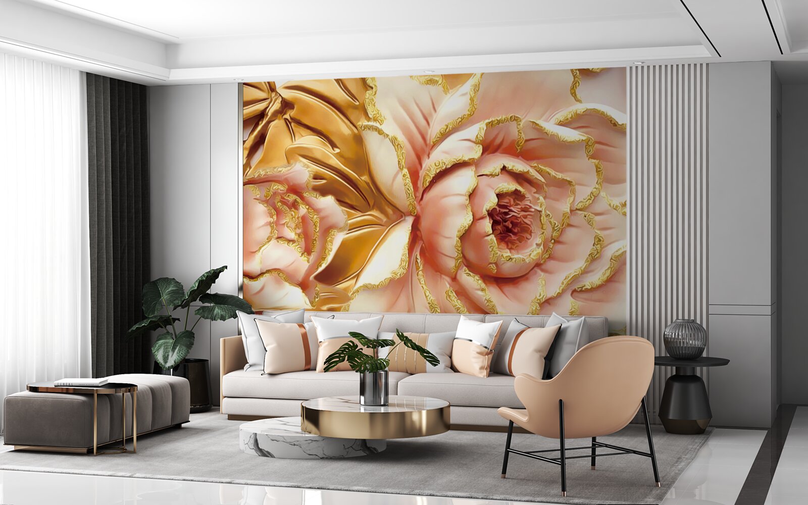 Fotobehang bloeiende pioenroos met gouden bladeren