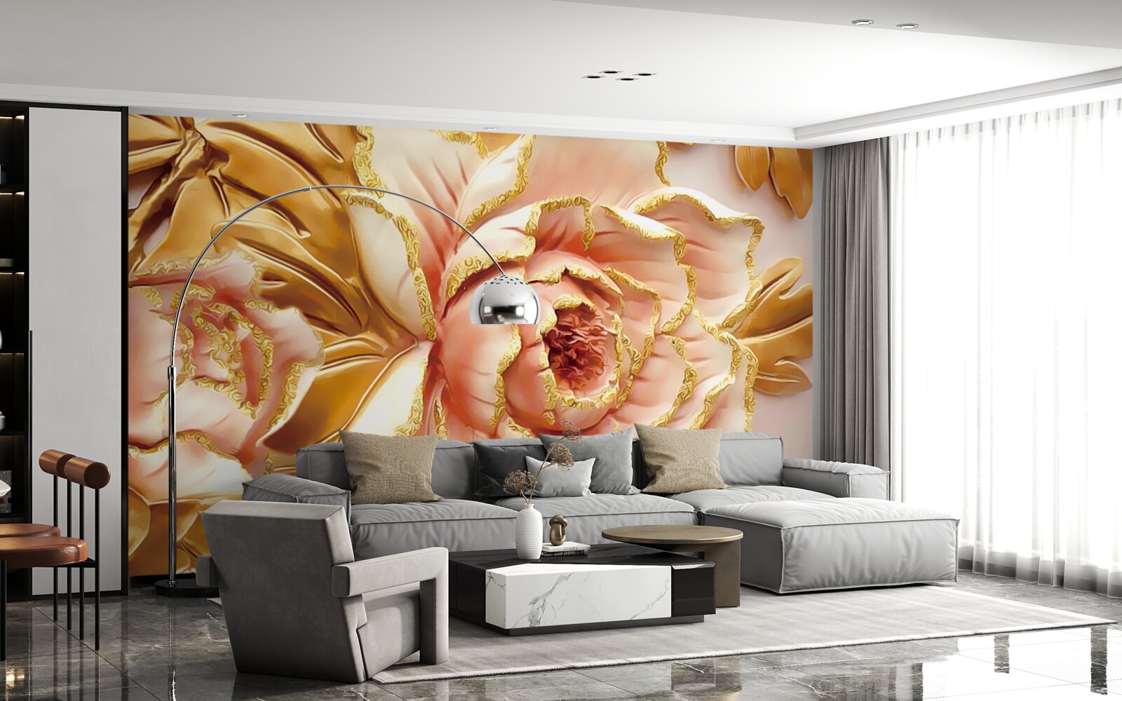 Fotobehang bloeiende pioenroos met gouden bladeren