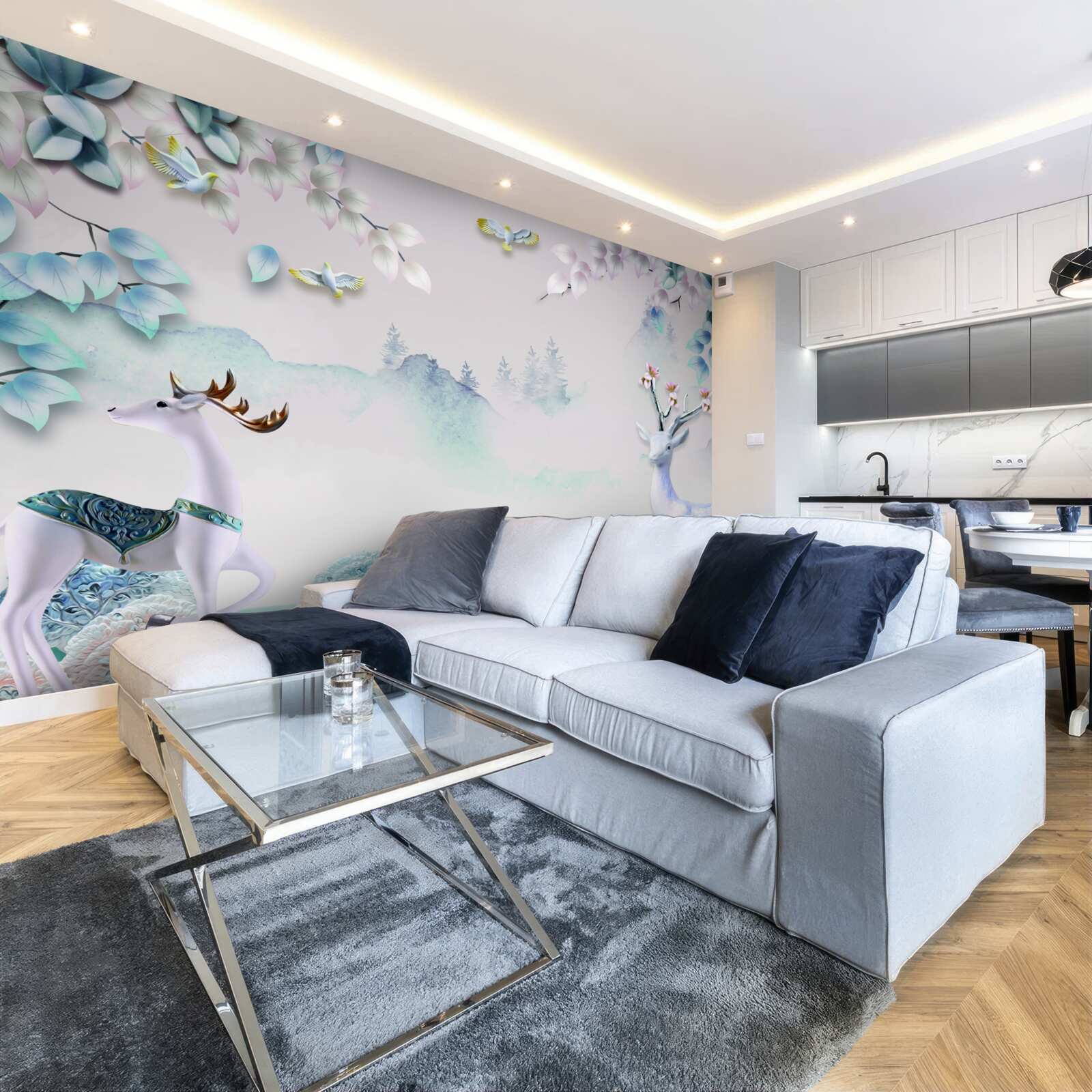 Fotobehang herten dwalend in dichte mist