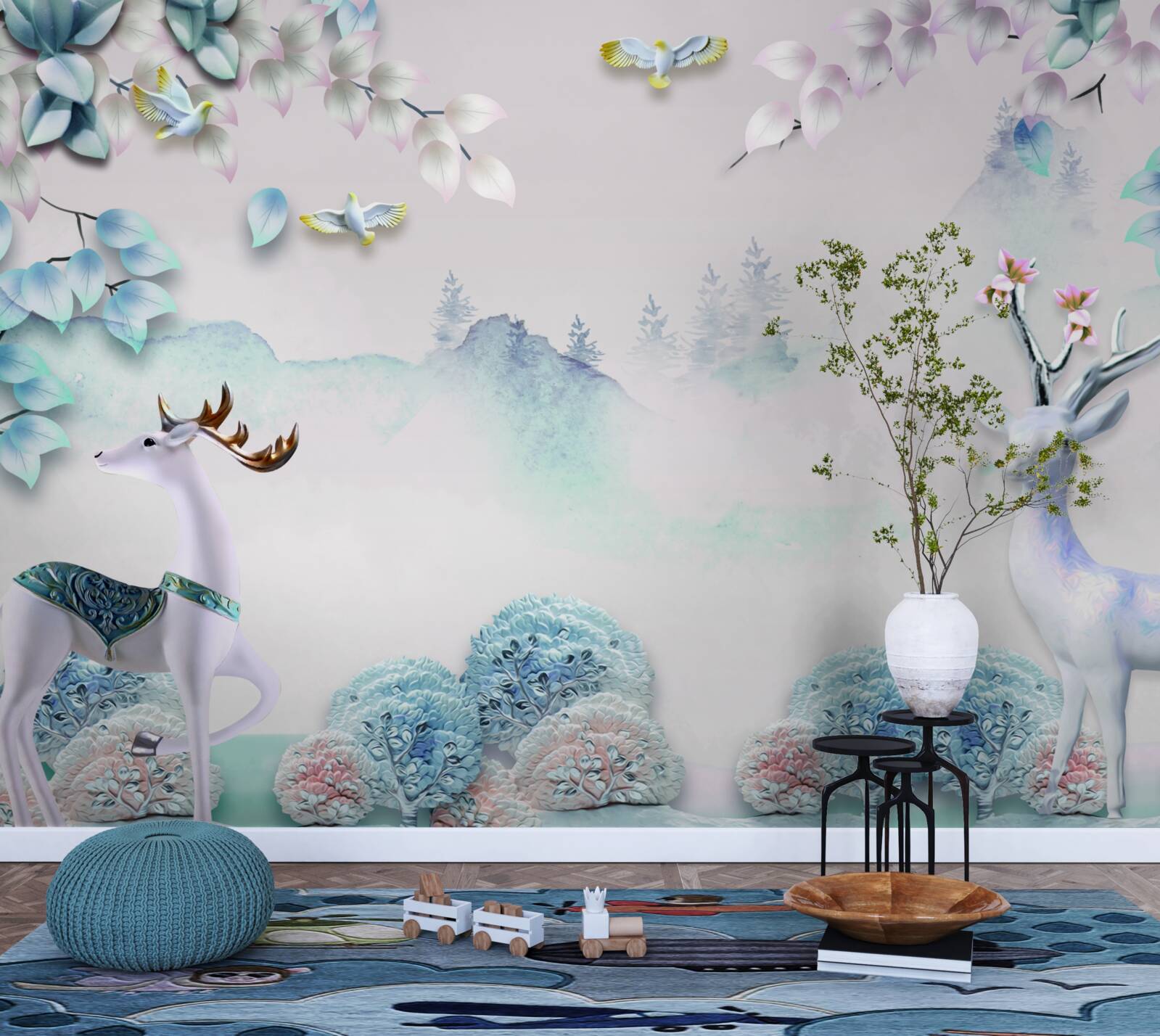 Fotobehang herten dwalend in dichte mist