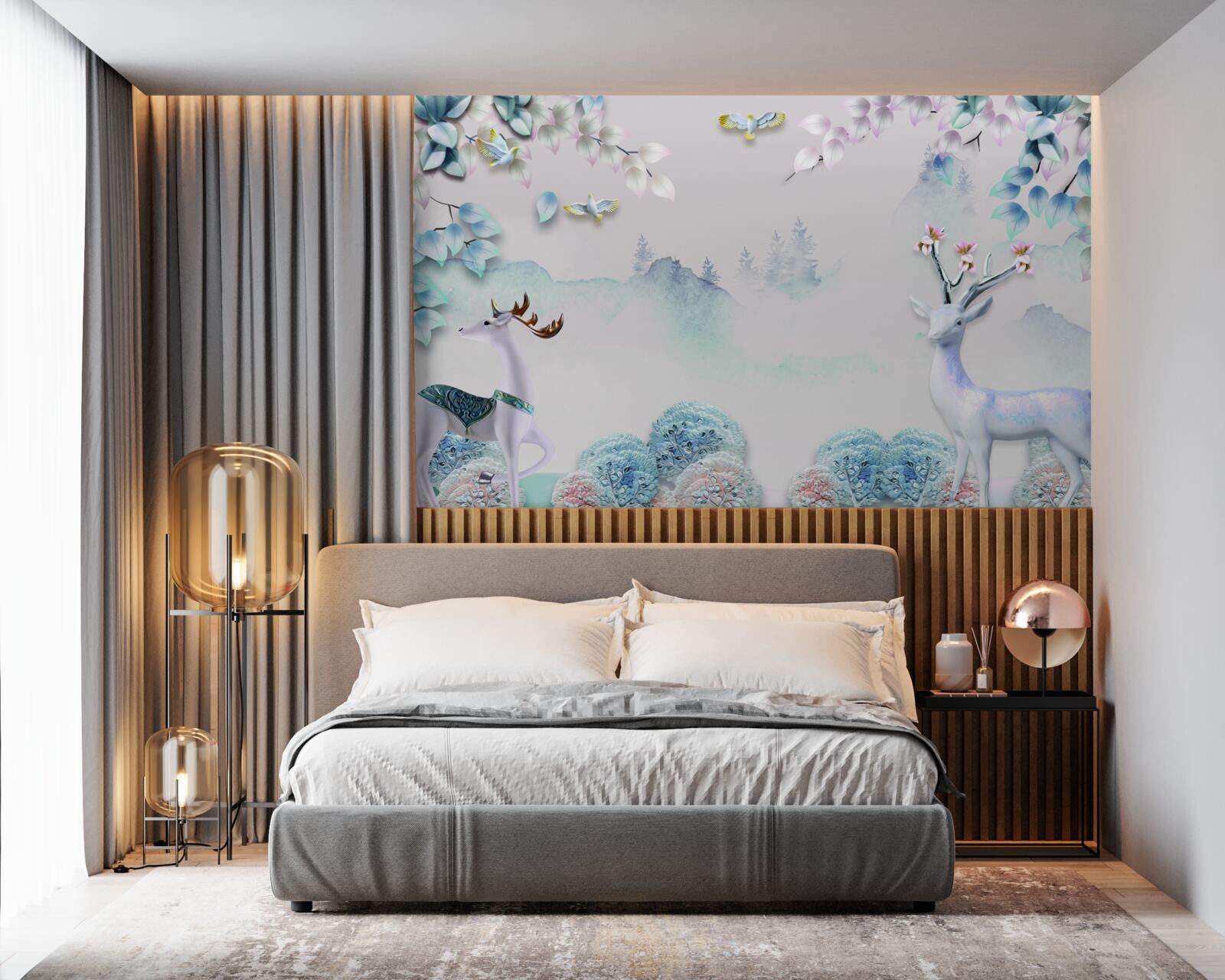 Fotobehang herten dwalend in dichte mist