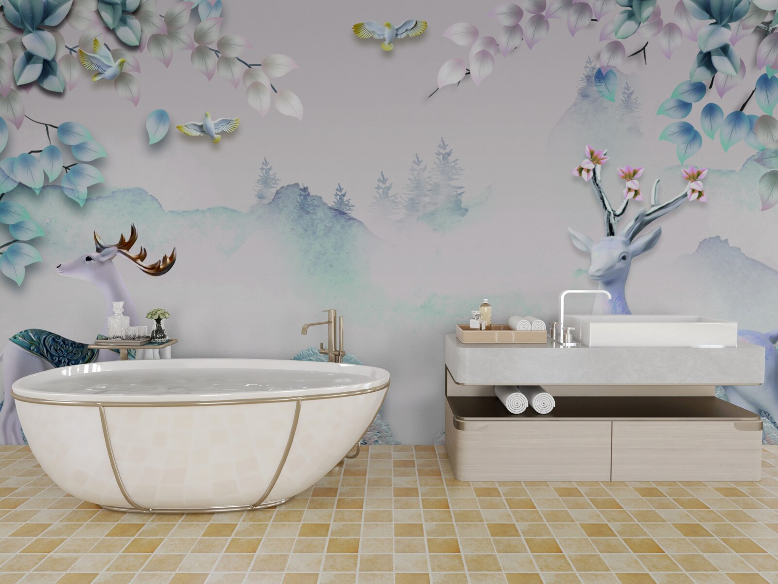 Fotobehang herten dwalend in dichte mist