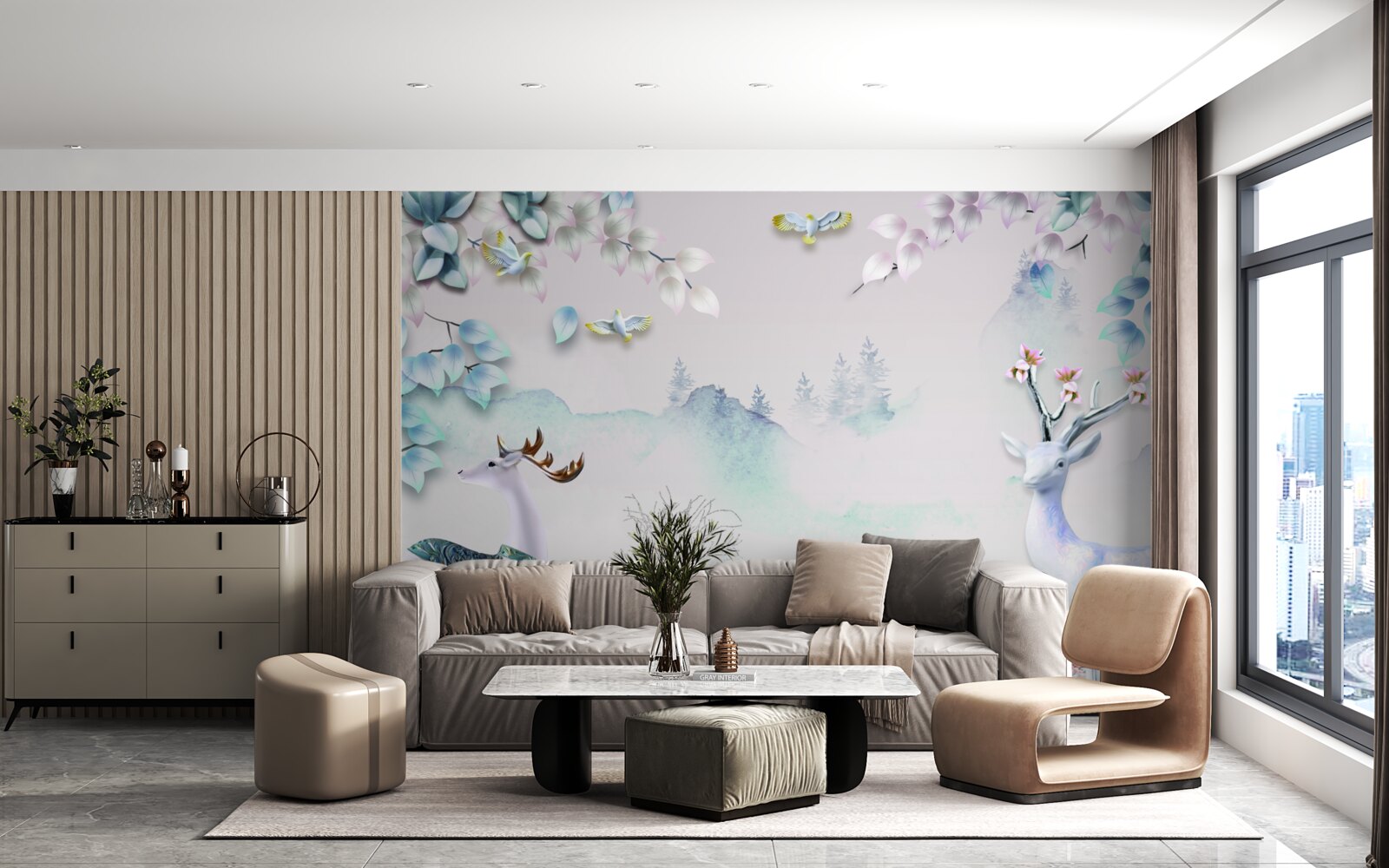 Fotobehang herten dwalend in dichte mist