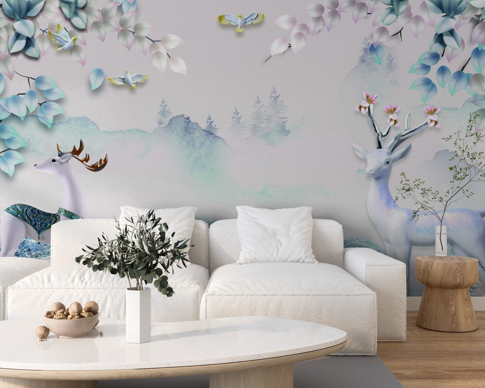 Fotobehang herten dwalend in dichte mist