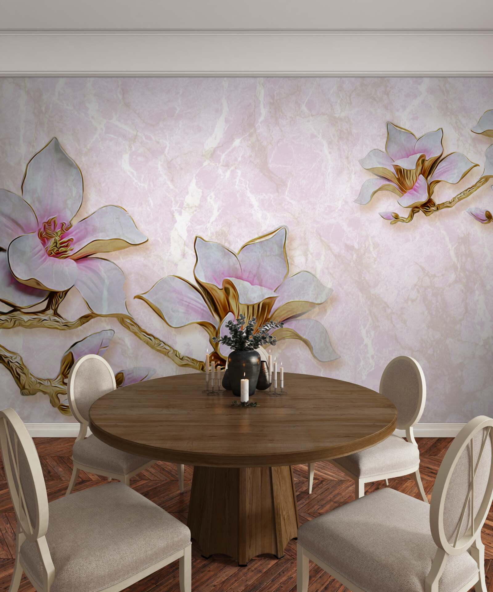 Fotobehang Sneeuwwitte magnoliatakken op een delicate achtergrond