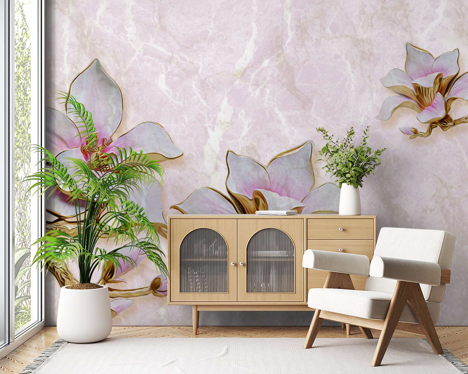 Fotobehang Sneeuwwitte magnoliatakken op een delicate achtergrond