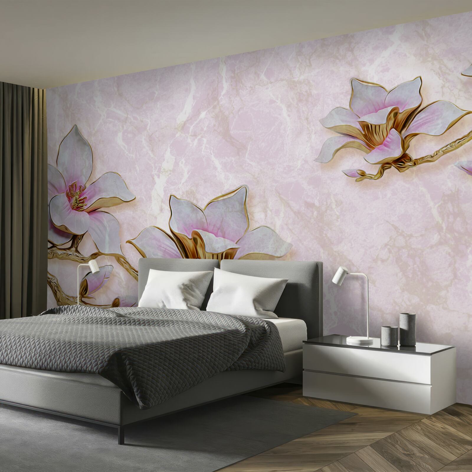 Fotobehang Sneeuwwitte magnoliatakken op een delicate achtergrond