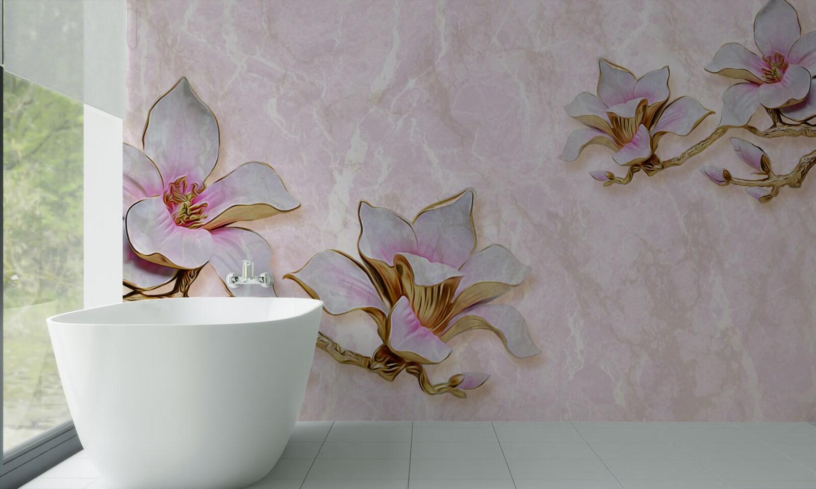 Fotobehang Sneeuwwitte magnoliatakken op een delicate achtergrond