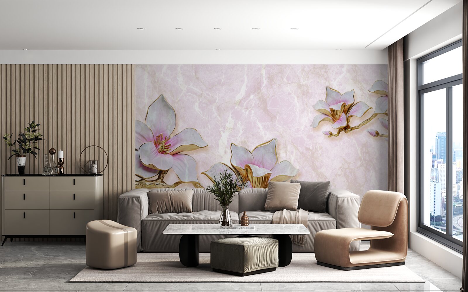 Fotobehang Sneeuwwitte magnoliatakken op een delicate achtergrond