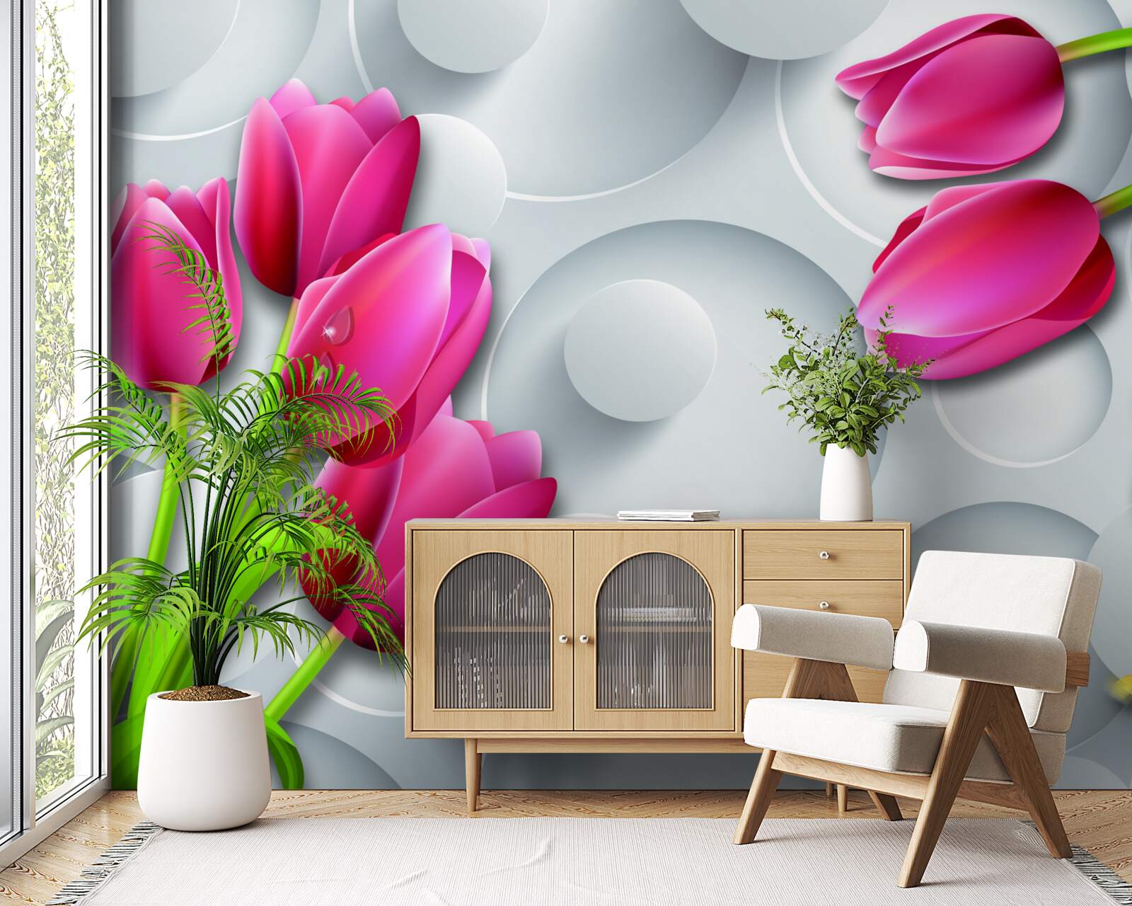 Fotobehang vlinders en boeketten scharlakenrode tulpen