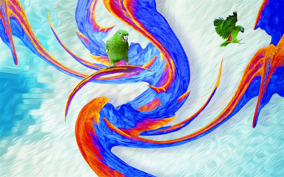 Fotobehang abstractie van een papegaai in een boom