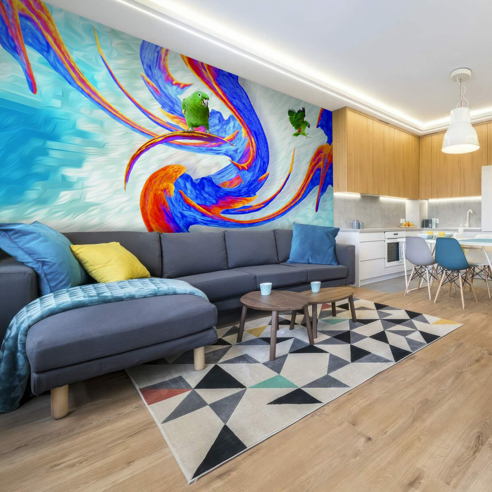 Fotobehang abstractie van een papegaai in een boom