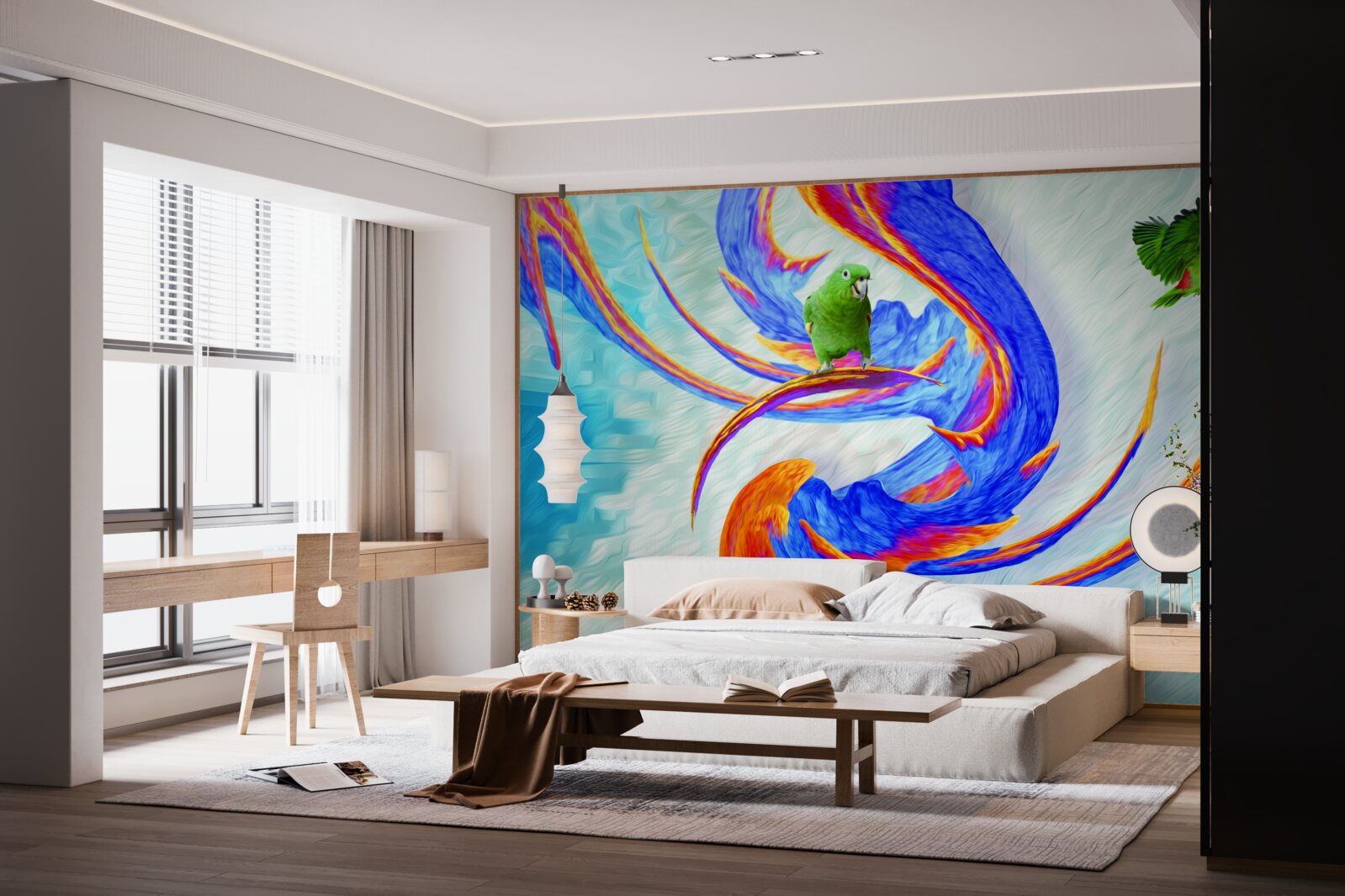 Fotobehang abstractie van een papegaai in een boom