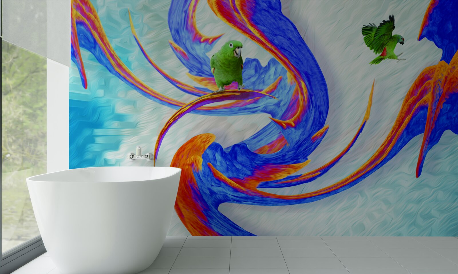 Fotobehang abstractie van een papegaai in een boom