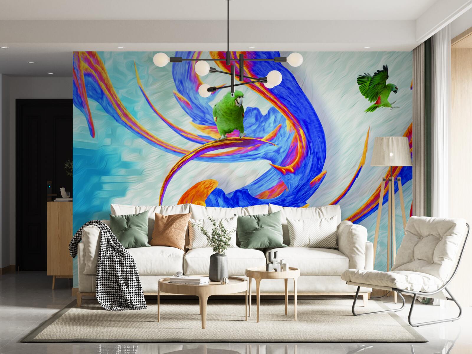 Fotobehang abstractie van een papegaai in een boom