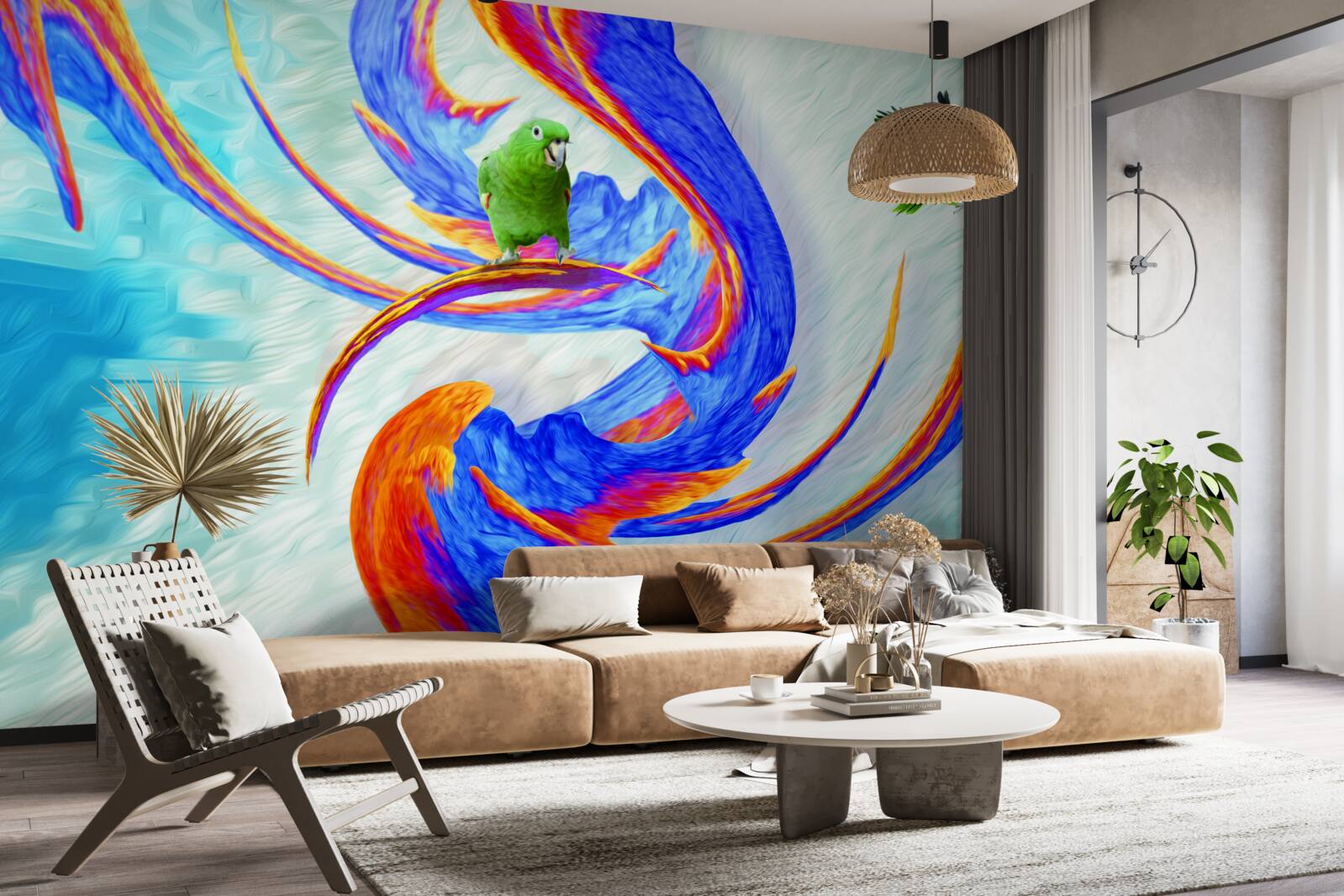 Fotobehang abstractie van een papegaai in een boom