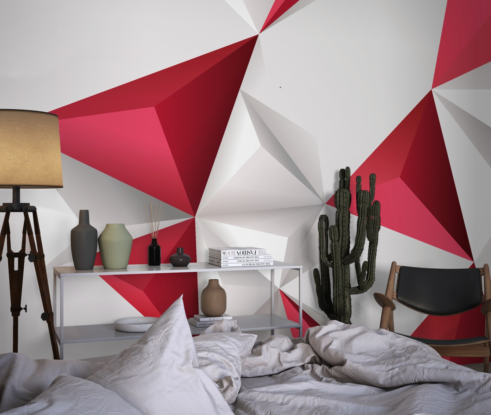 Fotobehang witte en rode driehoeken met volume