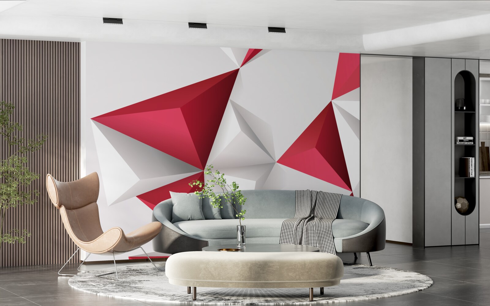 Fotobehang witte en rode driehoeken met volume