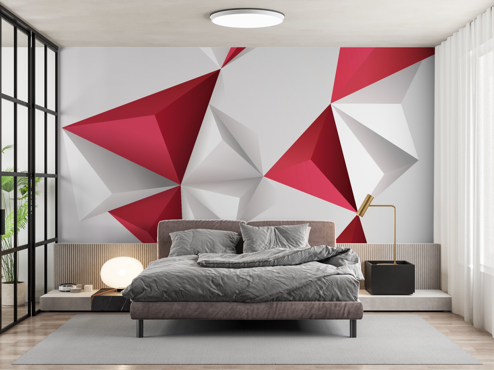 Fotobehang witte en rode driehoeken met volume