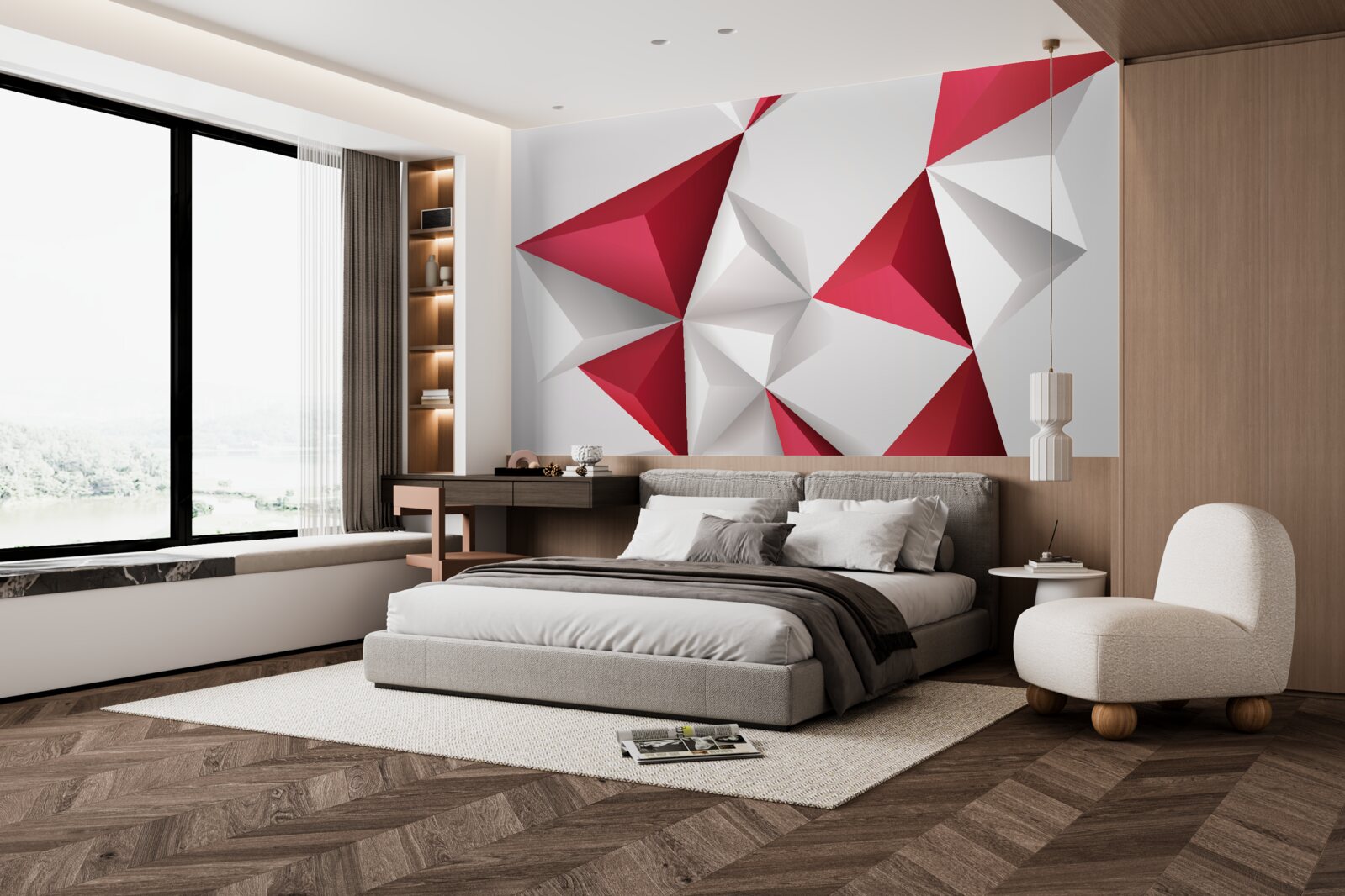 Fotobehang witte en rode driehoeken met volume