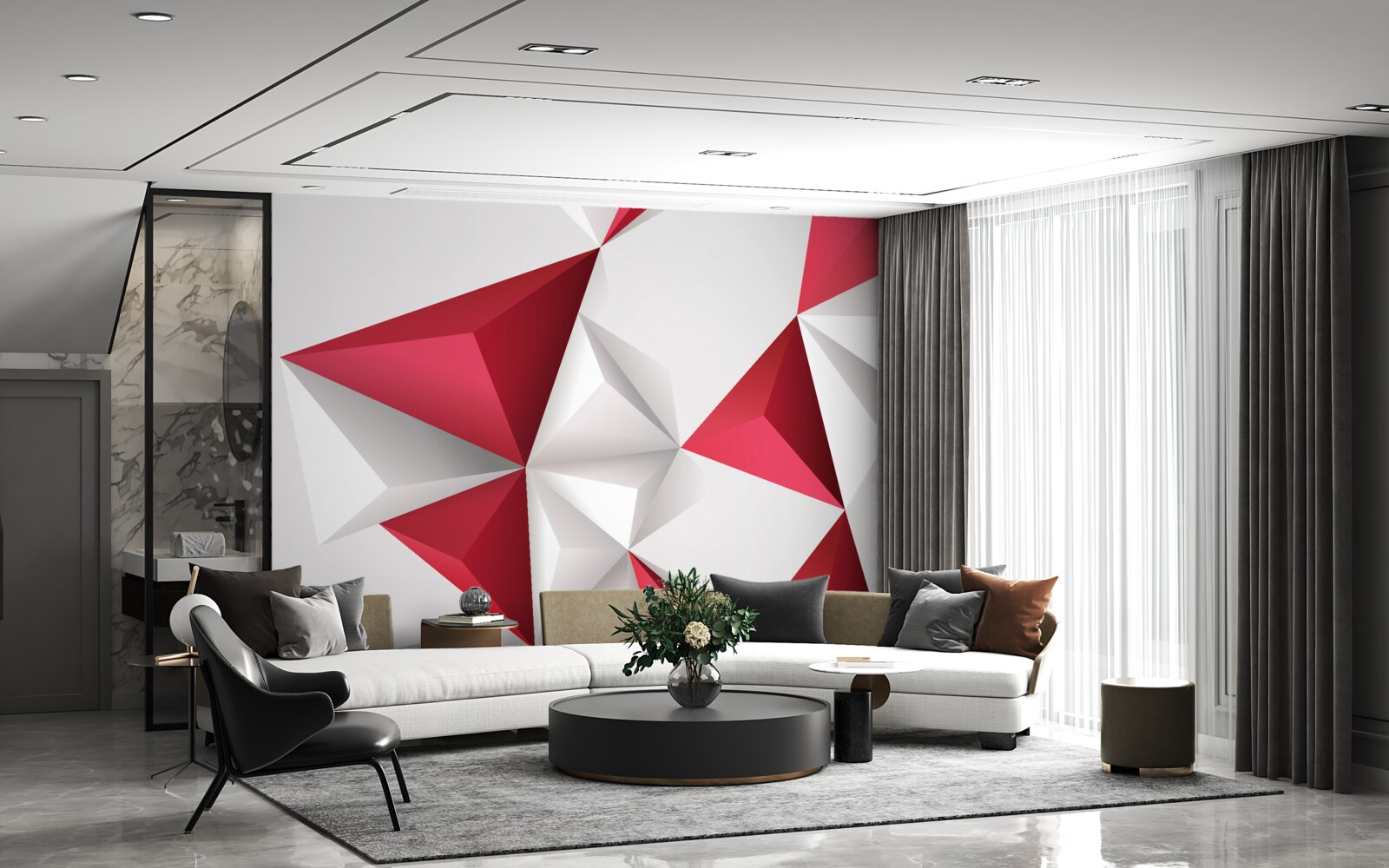 Fotobehang witte en rode driehoeken met volume
