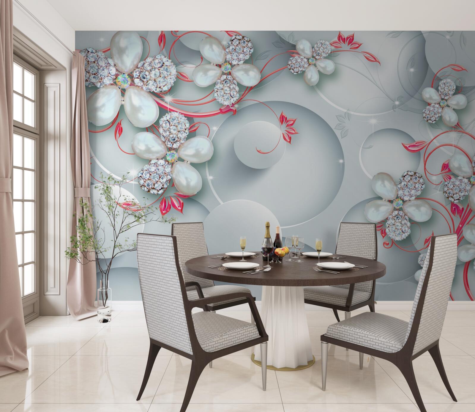 Fotobehang Bloemen in witte tinten met elementen van parels en stras