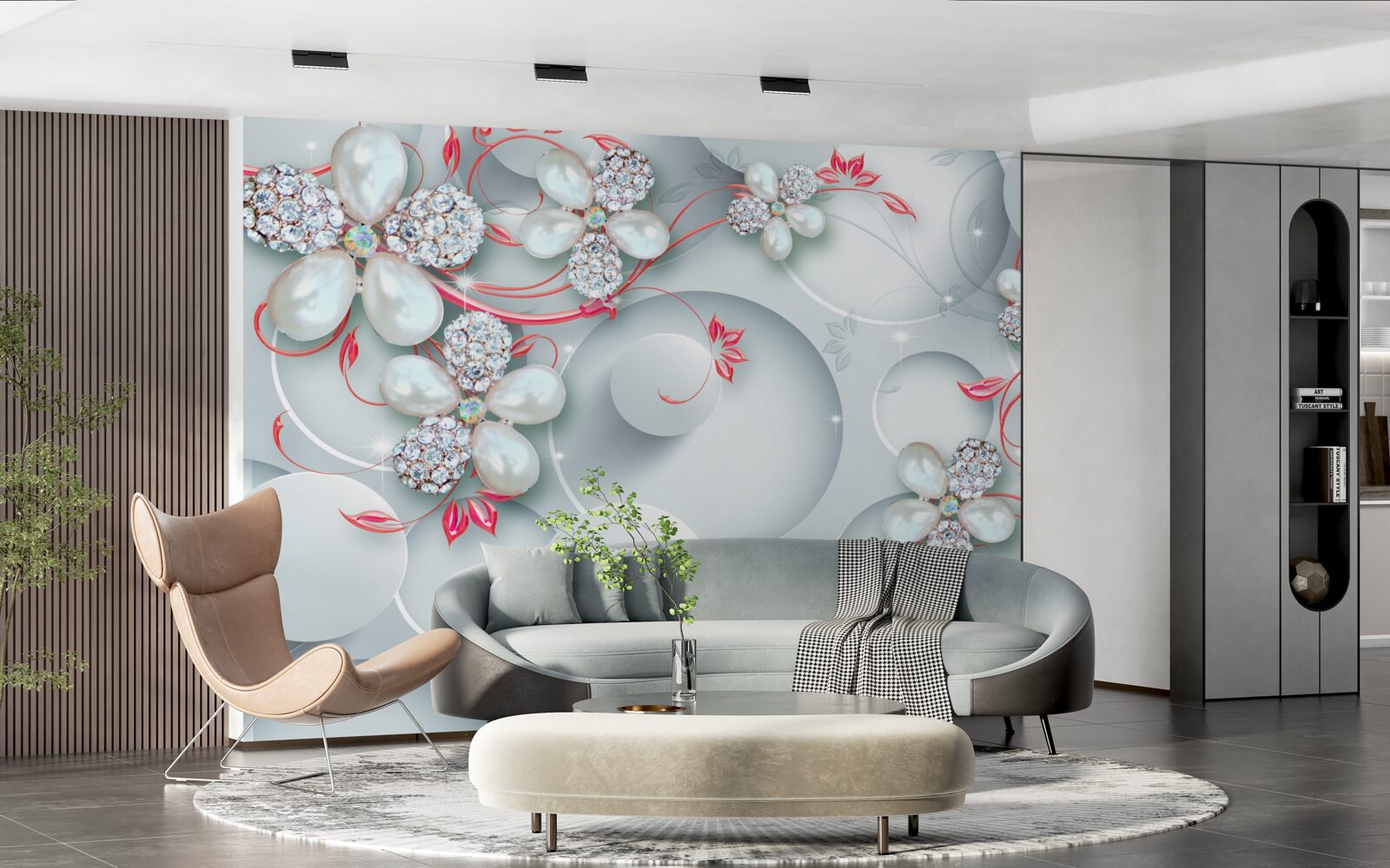 Fotobehang Bloemen in witte tinten met elementen van parels en stras