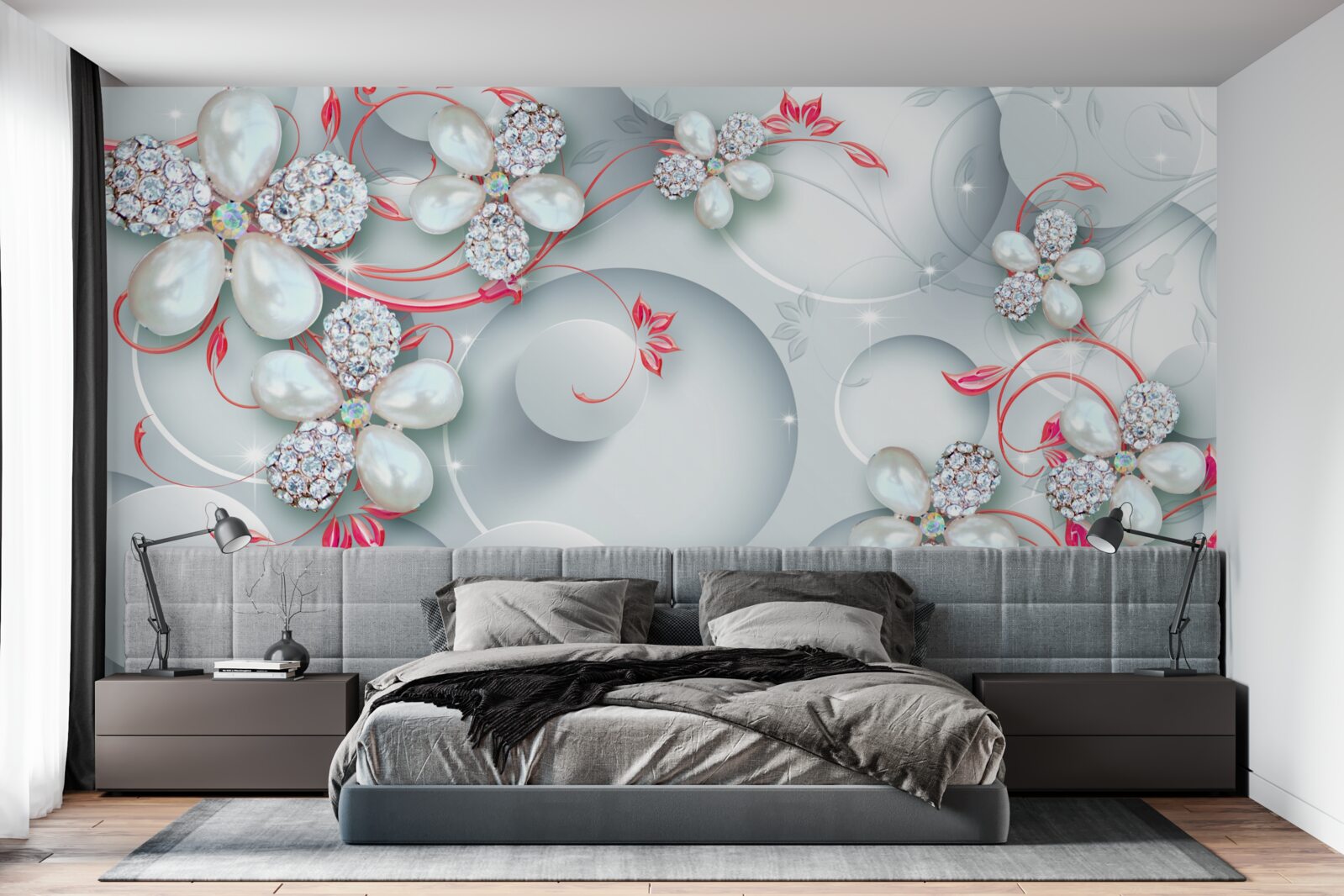 Fotobehang Bloemen in witte tinten met elementen van parels en stras