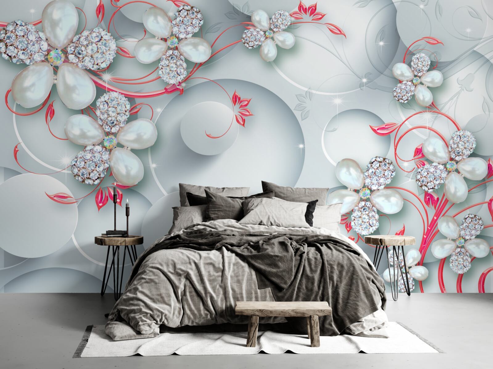 Fotobehang Bloemen in witte tinten met elementen van parels en stras