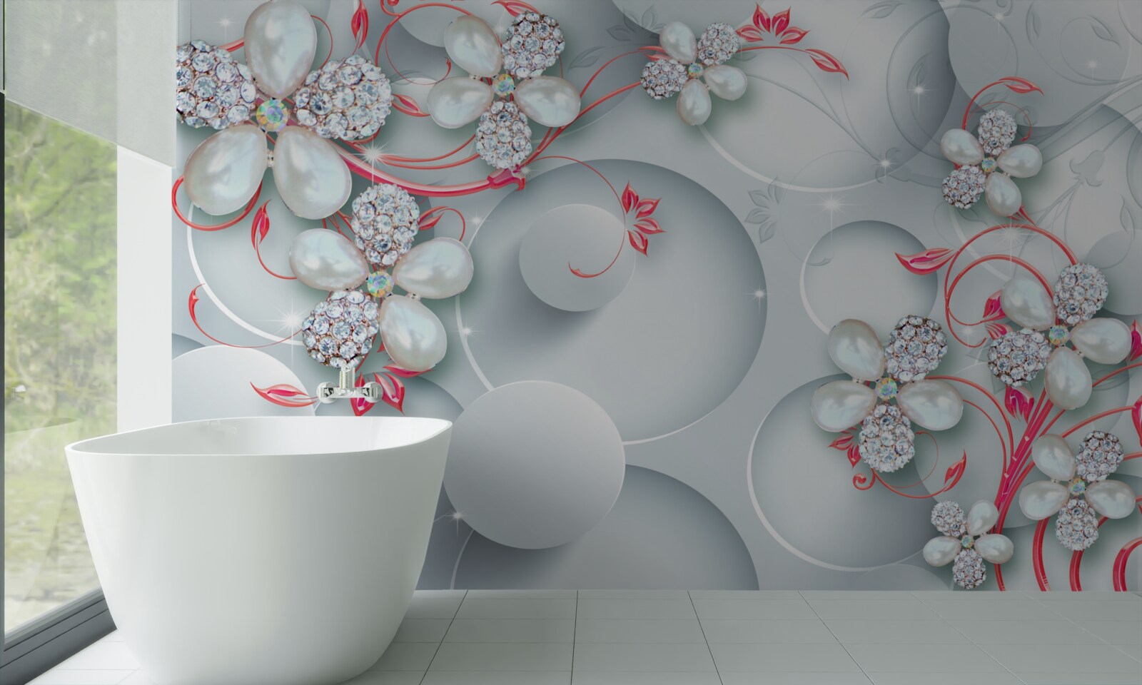 Fotobehang Bloemen in witte tinten met elementen van parels en stras