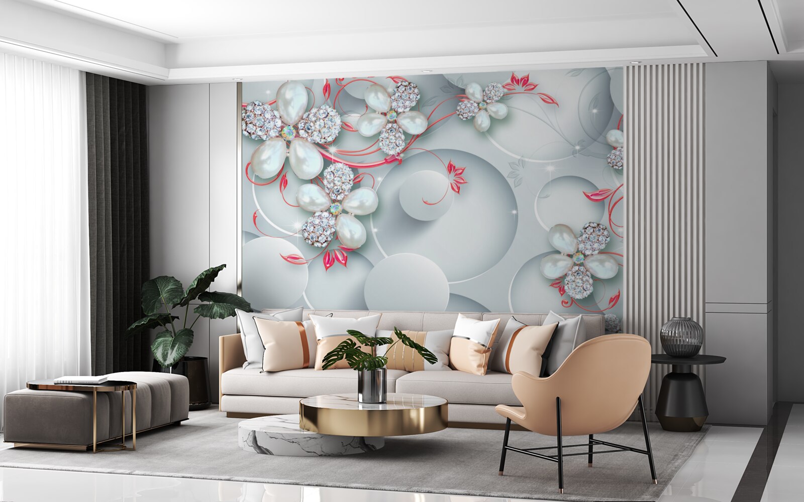 Fotobehang Bloemen in witte tinten met elementen van parels en stras