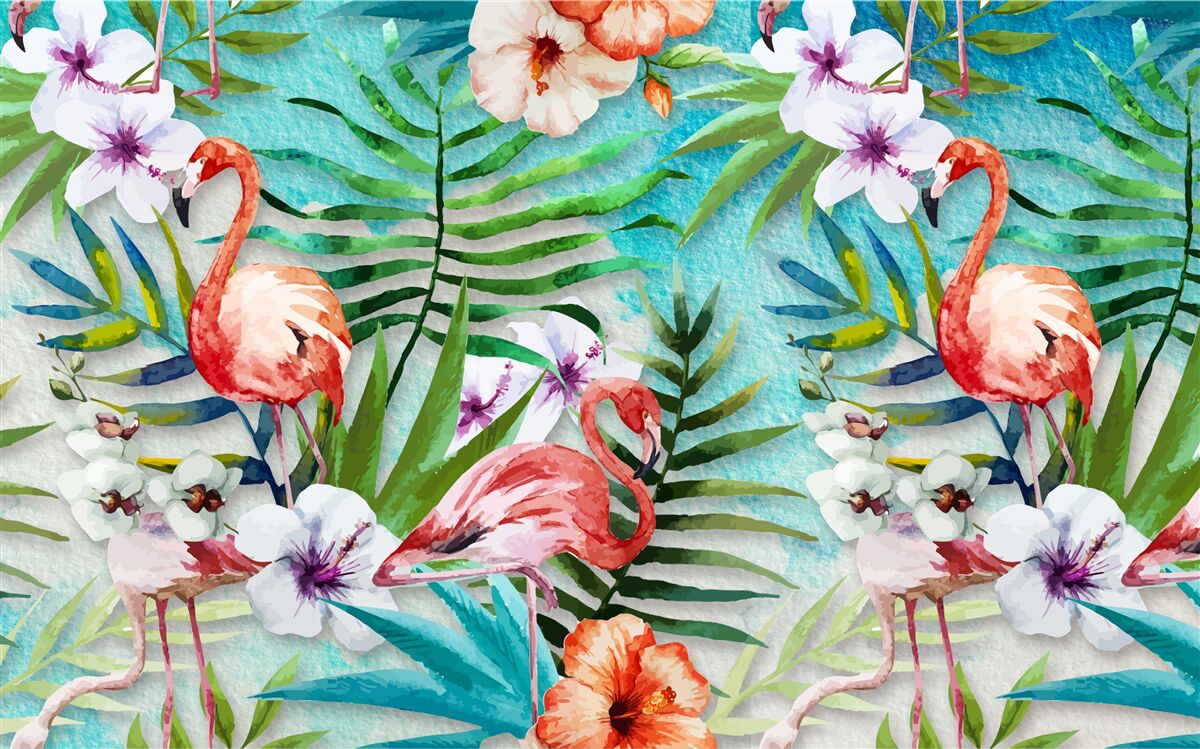 Fotobehang de bladeren zijn omringd door roze flamingo's