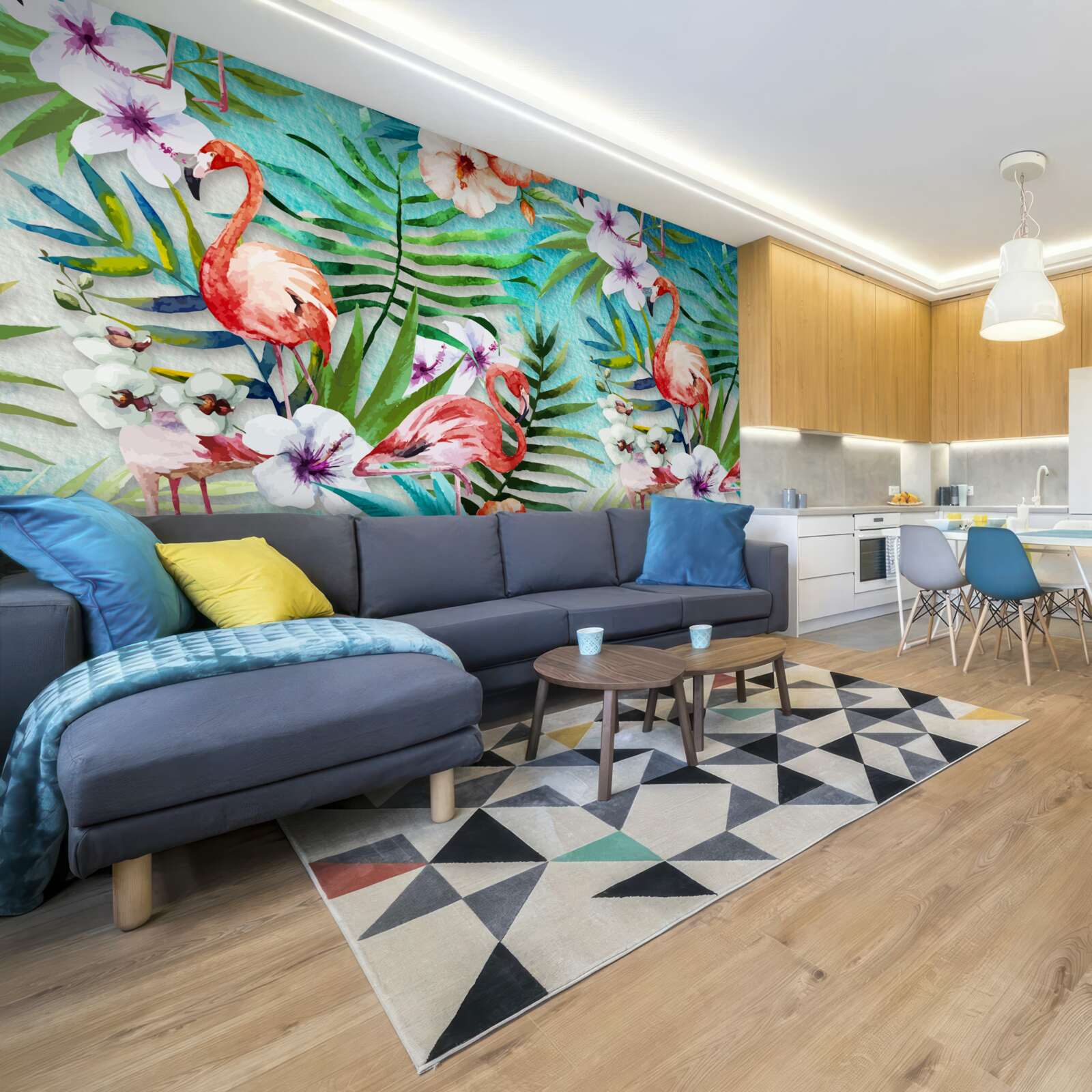 Fotobehang de bladeren zijn omringd door roze flamingo's