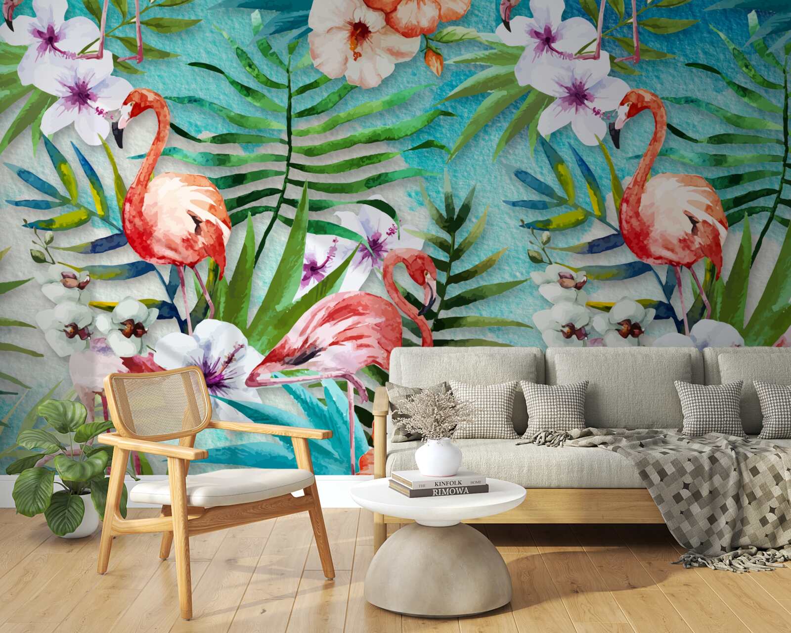 Fotobehang de bladeren zijn omringd door roze flamingo's