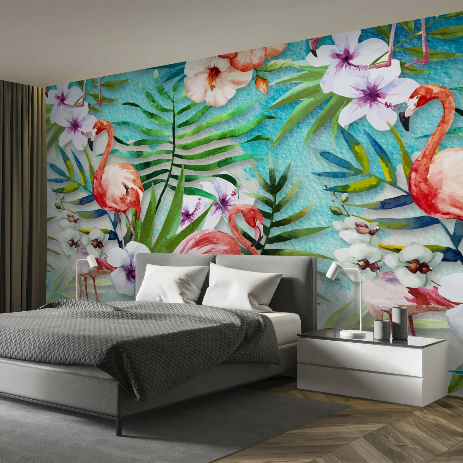 Fotobehang de bladeren zijn omringd door roze flamingo's